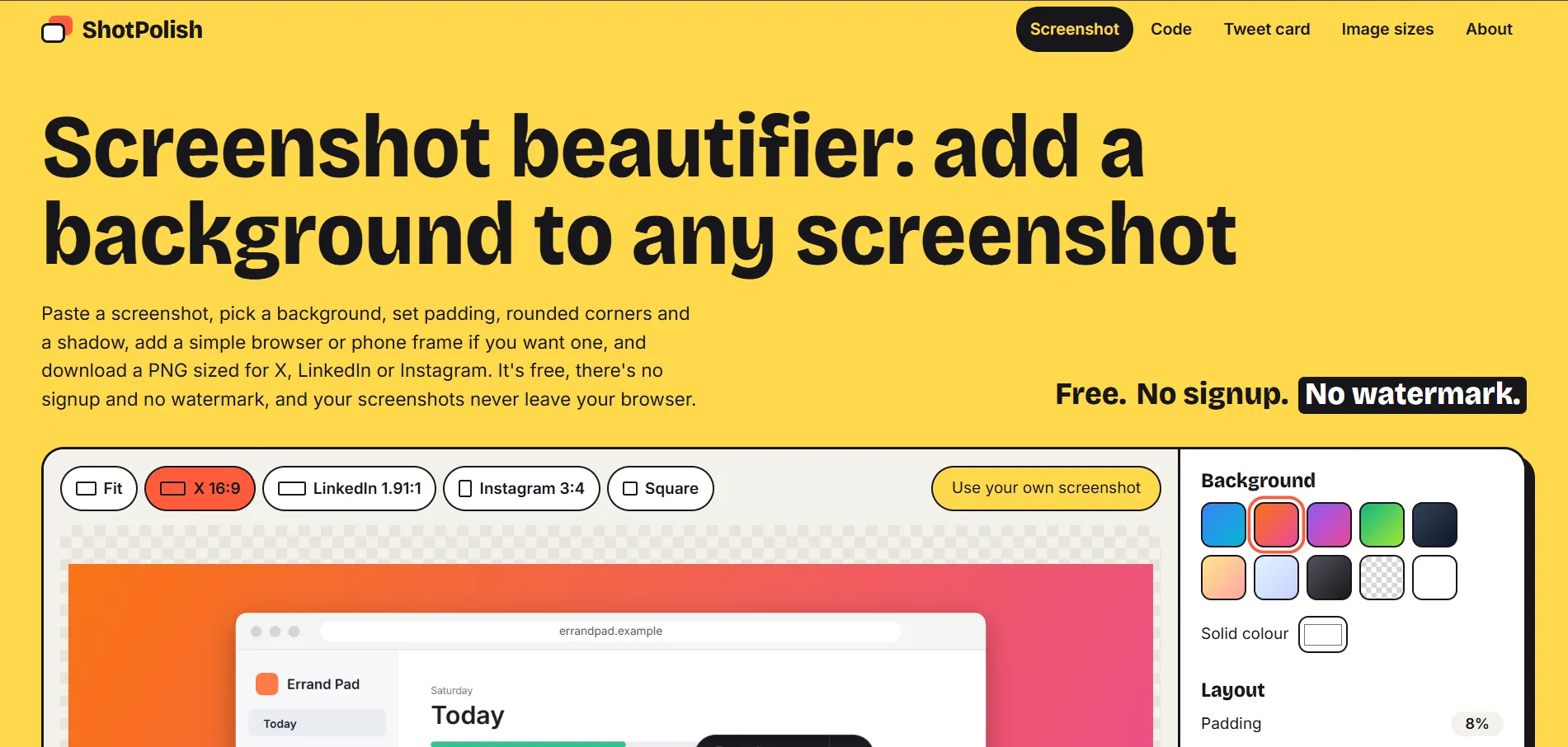 ShotPolish homepage: a screenshot beautifier with background, padding and aspect-ratio controls